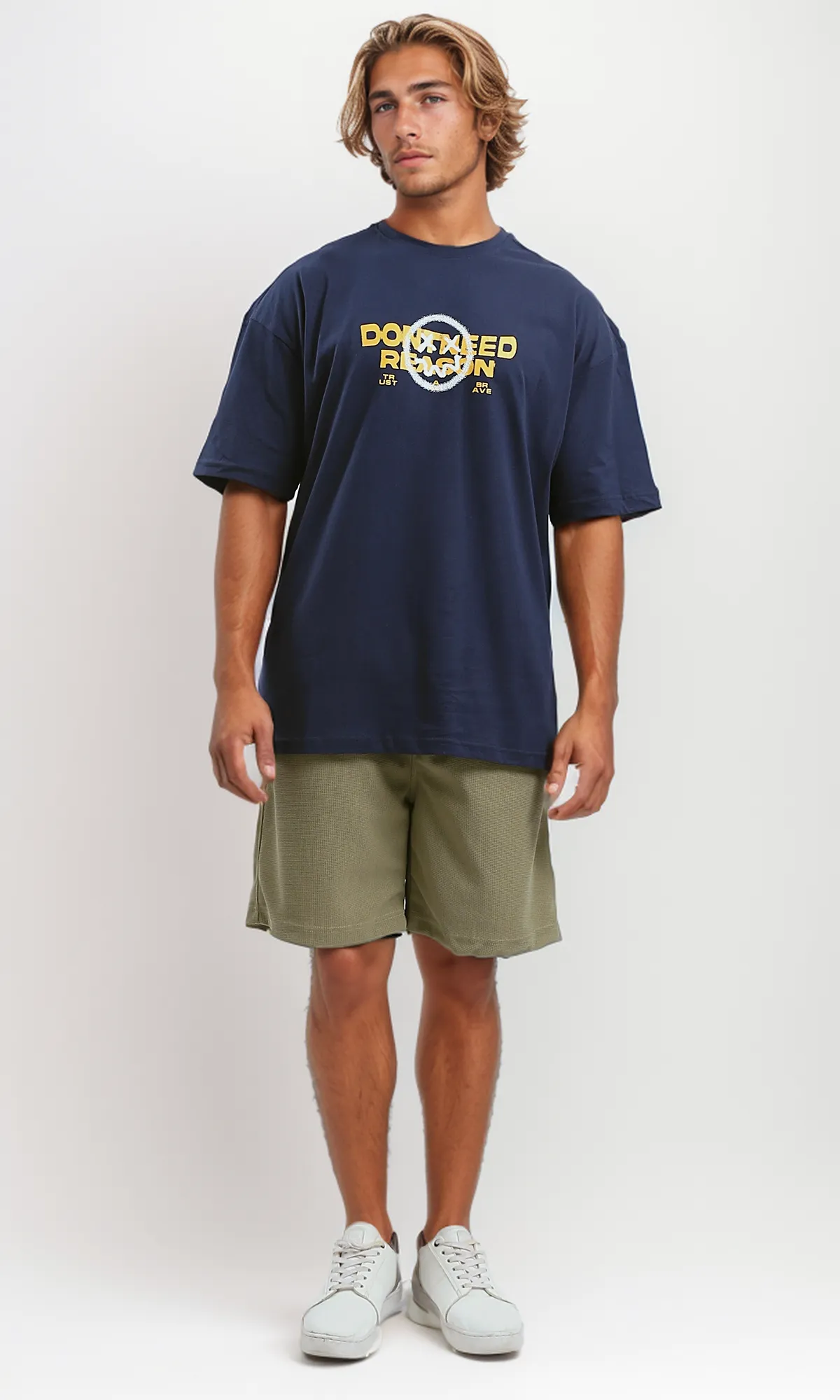 O179038 Dark Navy Blue Round Neck Tee With Front Print