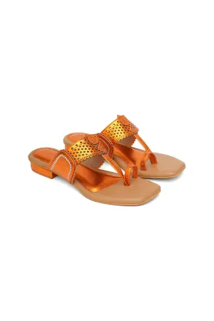 Orange Metallic Embroidered Kolhapuri