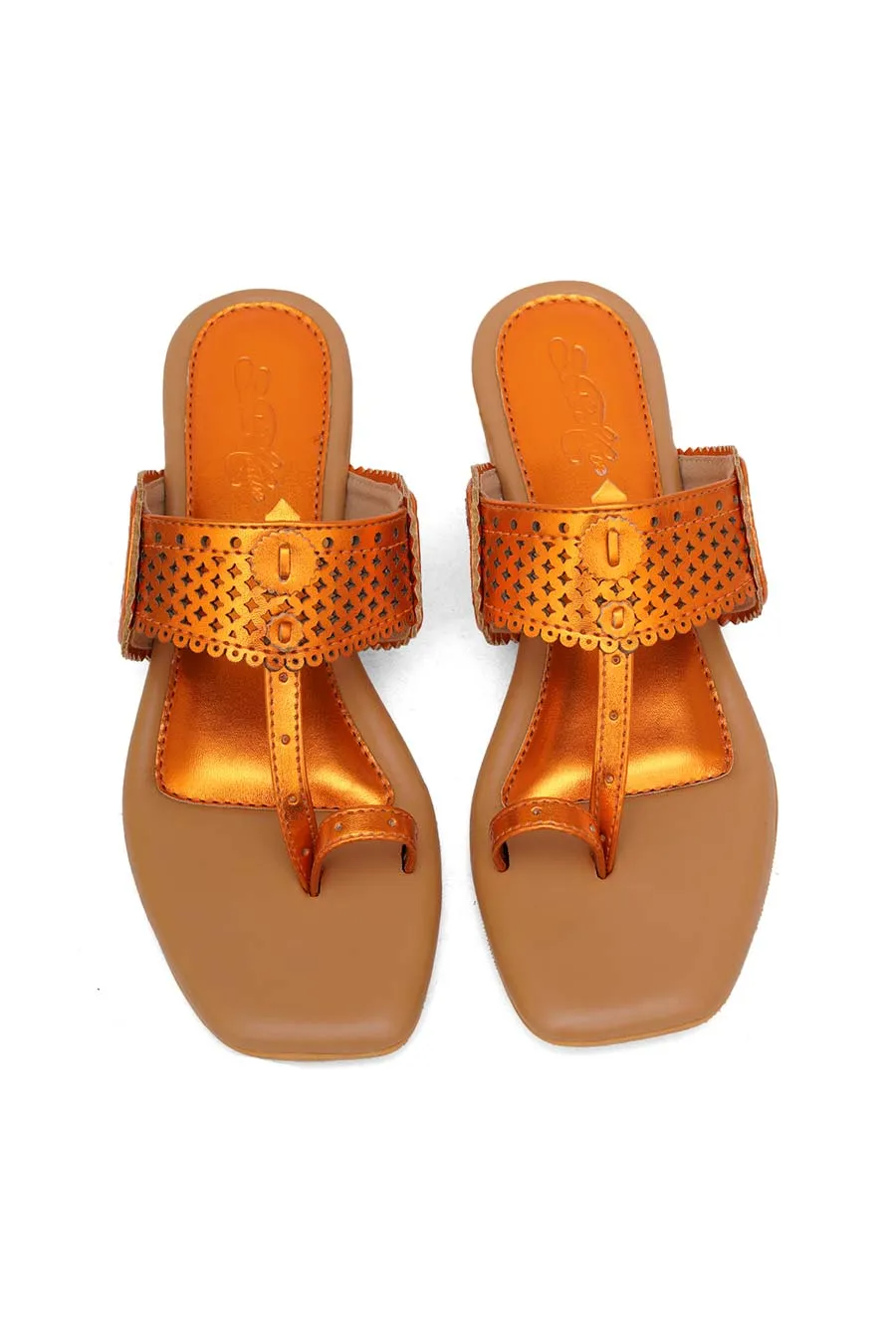 Orange Metallic Embroidered Kolhapuri