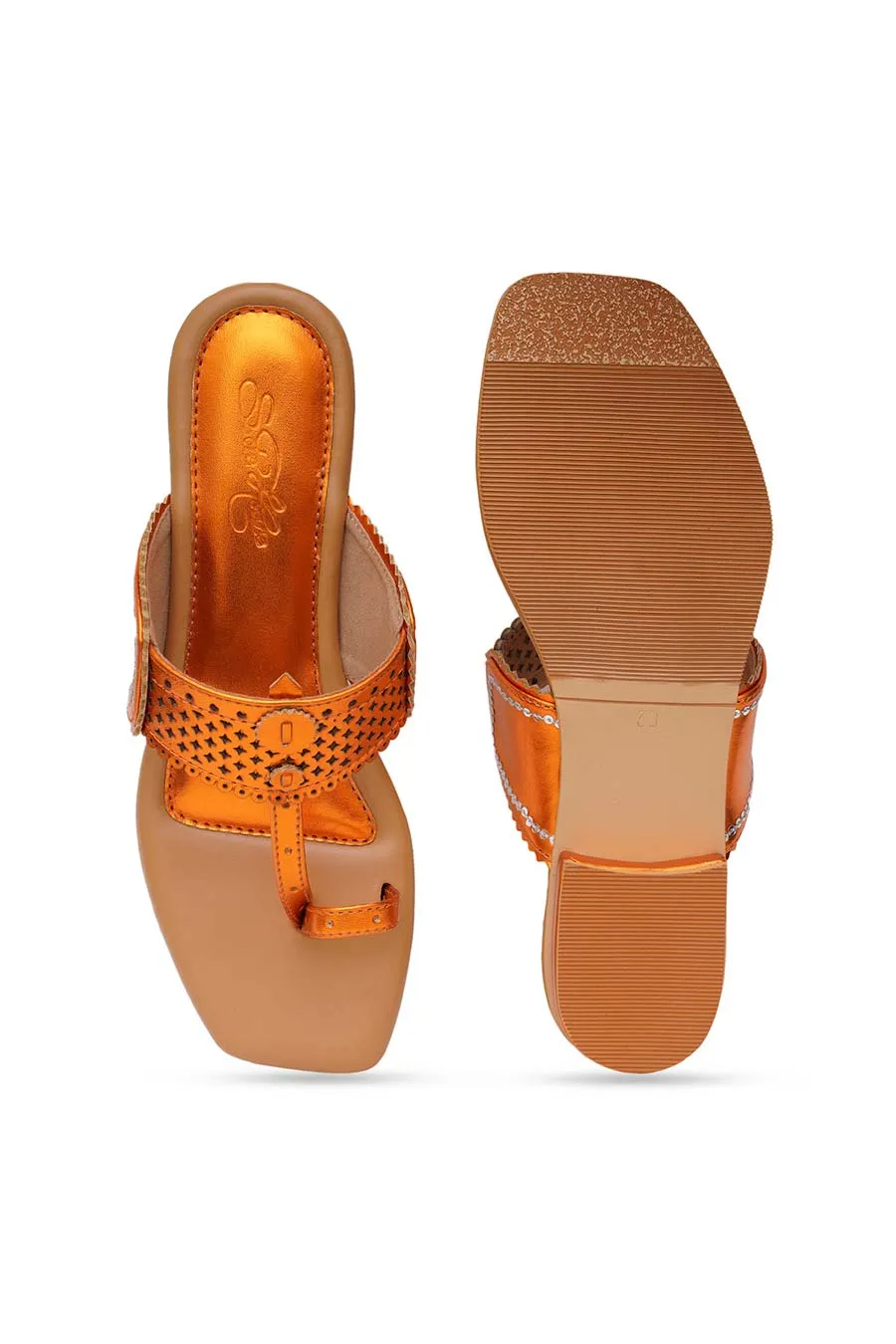 Orange Metallic Embroidered Kolhapuri