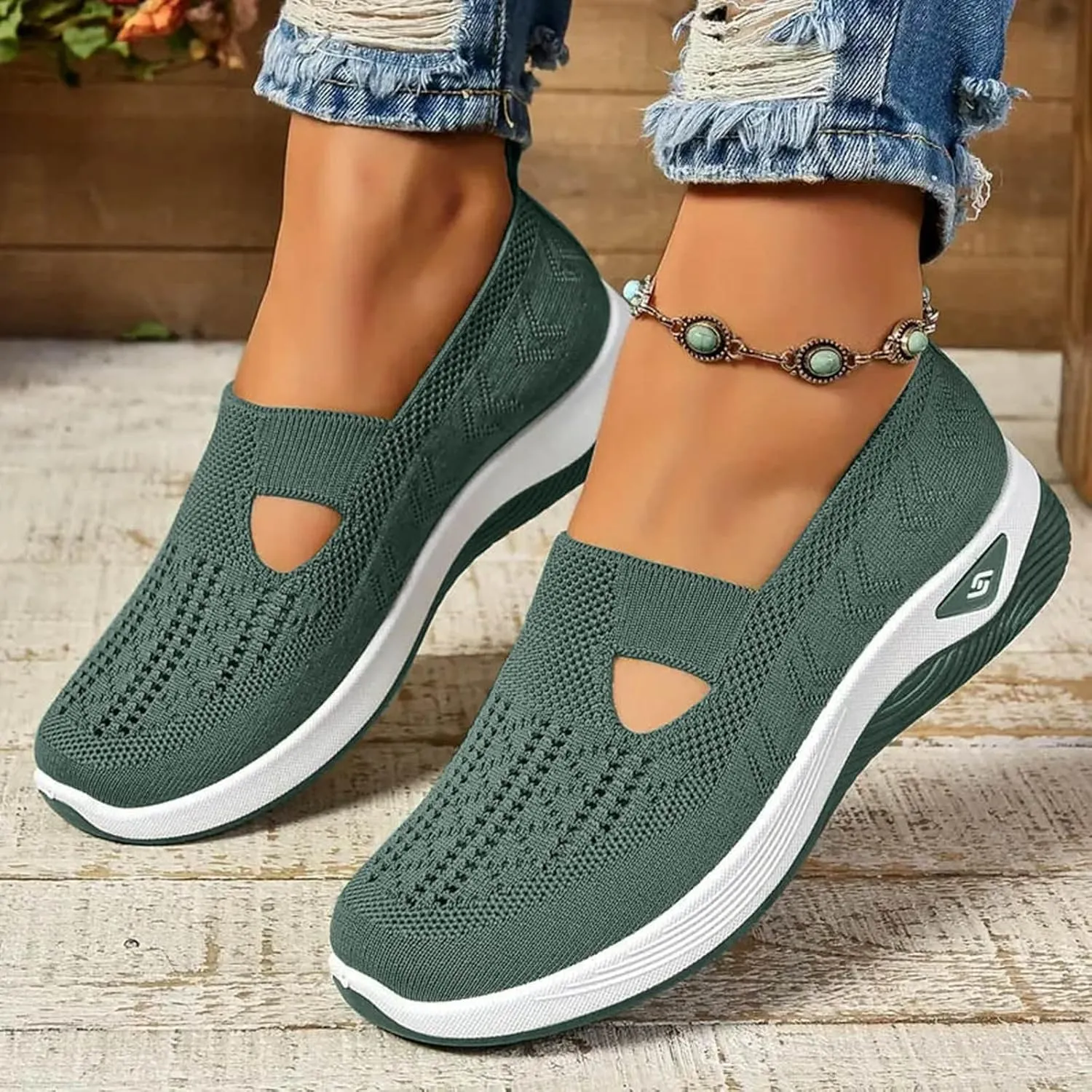 Orthopedic Shoes for Women Slip Ons Sneakers Breathable with Arch Support Slip On Walking Shoes Soft Knitted Fabric Mesh Casual Sneakers Non Slip Low Top Work Shoes