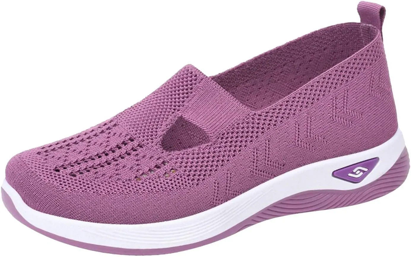Orthopedic Shoes for Women Slip Ons Sneakers Breathable with Arch Support Slip On Walking Shoes Soft Knitted Fabric Mesh Casual Sneakers Non Slip Low Top Work Shoes