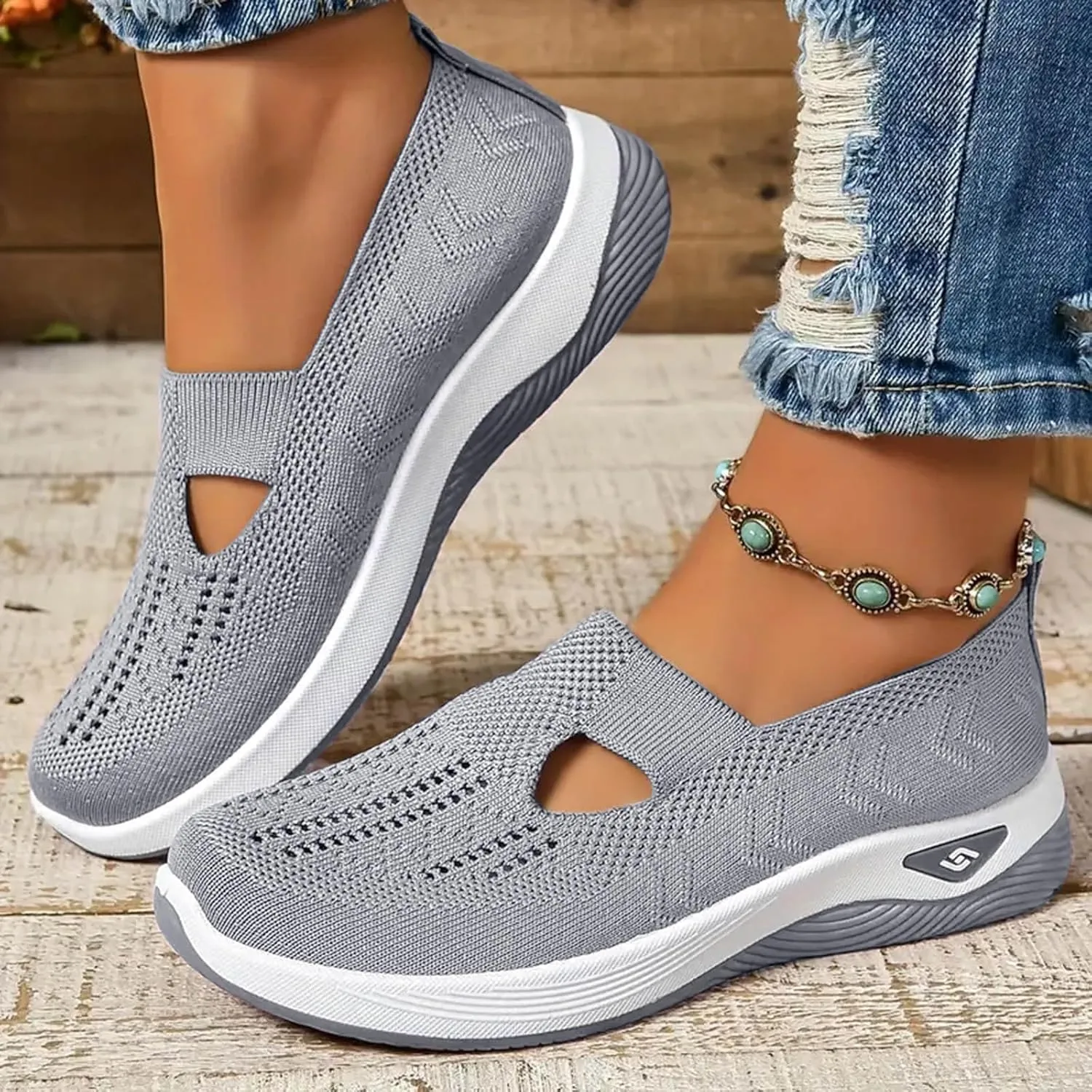 Orthopedic Shoes for Women Slip Ons Sneakers Breathable with Arch Support Slip On Walking Shoes Soft Knitted Fabric Mesh Casual Sneakers Non Slip Low Top Work Shoes