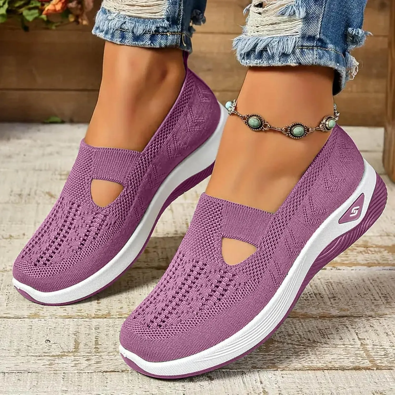 Orthopedic Shoes for Women Slip Ons Sneakers Breathable with Arch Support Slip On Walking Shoes Soft Knitted Fabric Mesh Casual Sneakers Non Slip Low Top Work Shoes