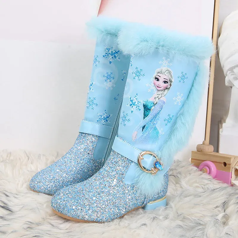 Princess Elsa Printed Glitter Boots With Fur Trim