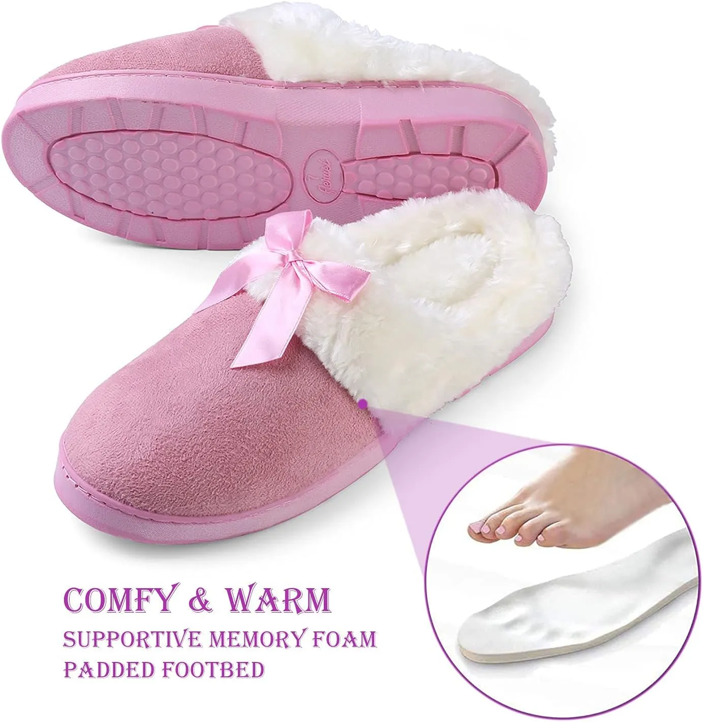 ROXIE Womens Memory Foam Fluffy Fur Slippers Fuzzy Plush Lining Slip On Clog House Shoes for Indoor Outdoor Use