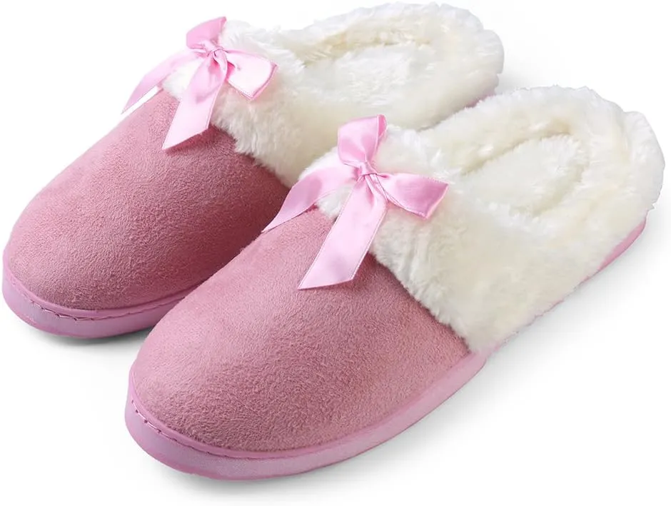 ROXIE Womens Memory Foam Fluffy Fur Slippers Fuzzy Plush Lining Slip On Clog House Shoes for Indoor Outdoor Use