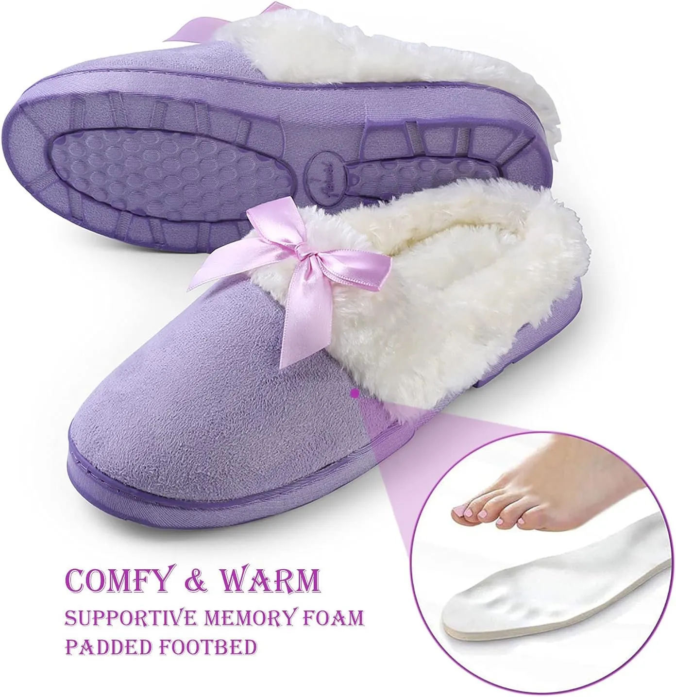 ROXIE Womens Memory Foam Fluffy Fur Slippers Fuzzy Plush Lining Slip On Clog House Shoes for Indoor Outdoor Use