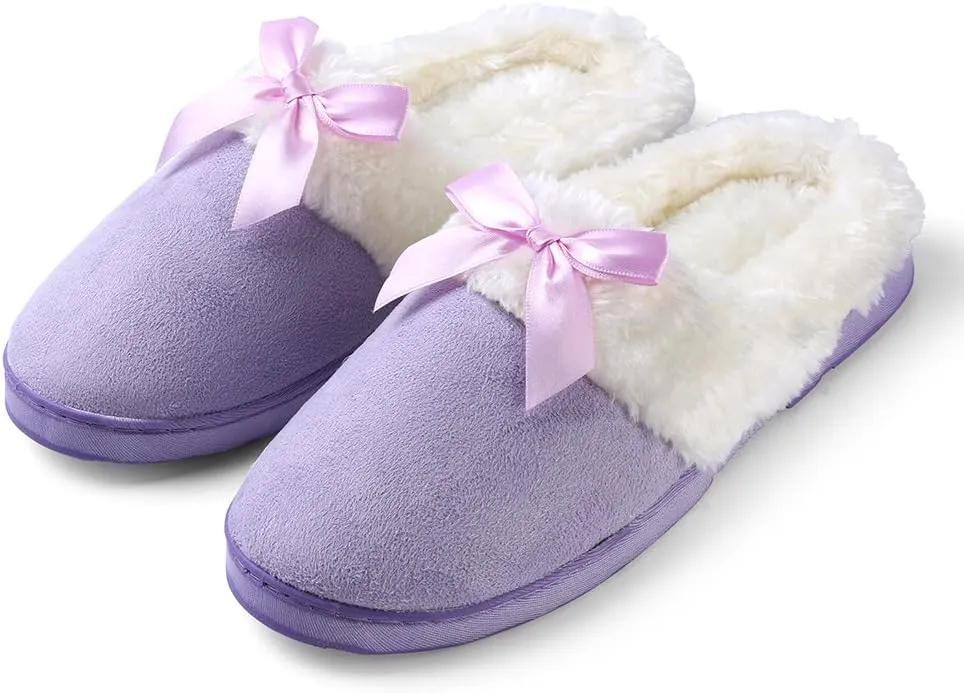 ROXIE Womens Memory Foam Fluffy Fur Slippers Fuzzy Plush Lining Slip On Clog House Shoes for Indoor Outdoor Use