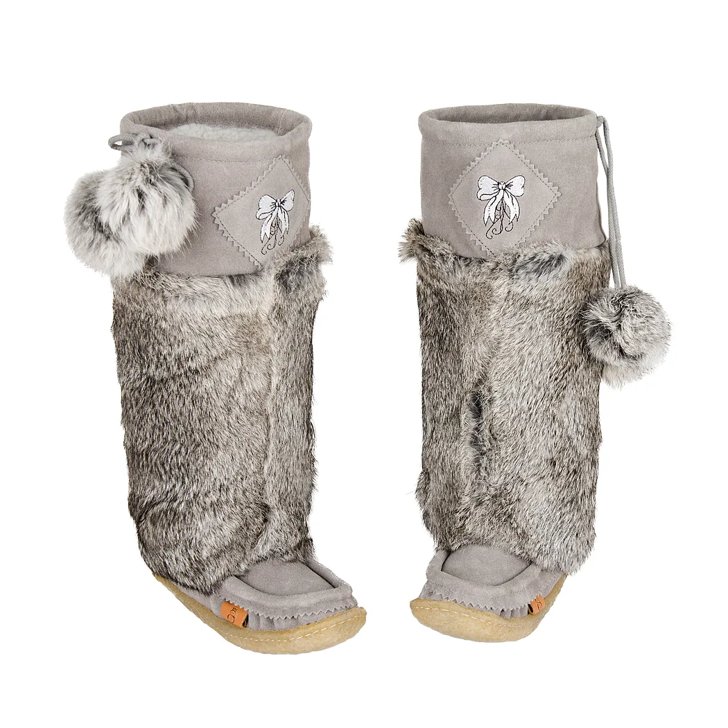 Smoky Grey Suede Mukluks with White Embroidery