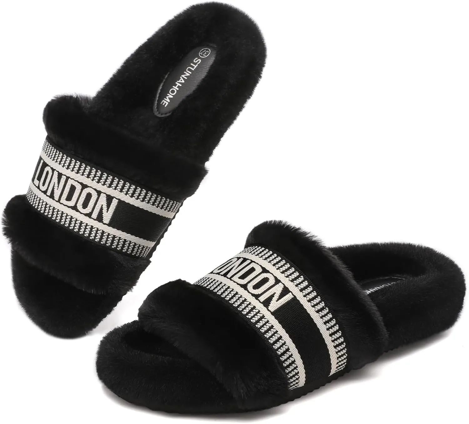 STUNAHOME Women's Open Toe Sandals Fuzzy House Slippers Comfy Fluffy House Shoes Indoor and Outdoor