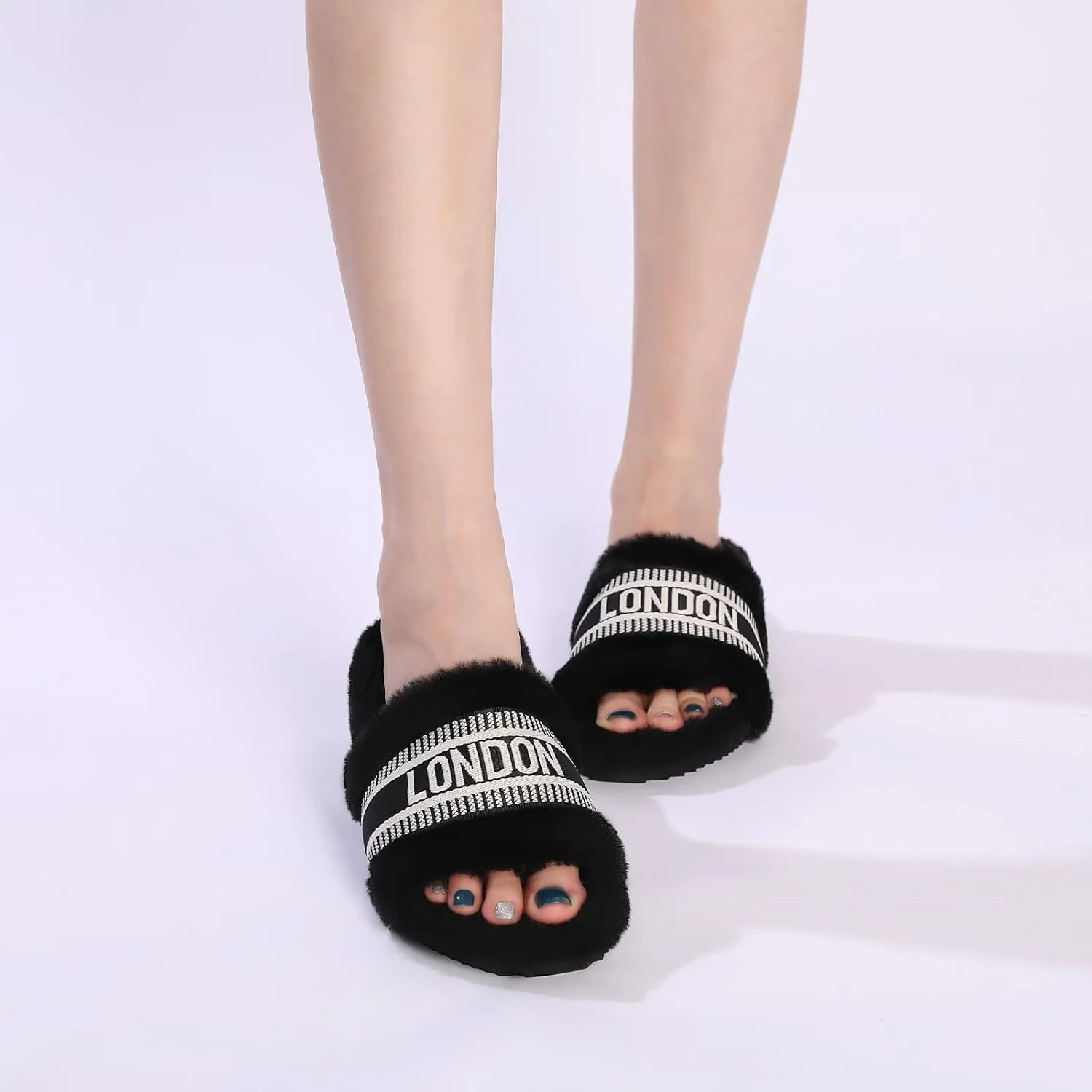 STUNAHOME Women's Open Toe Sandals Fuzzy House Slippers Comfy Fluffy House Shoes Indoor and Outdoor