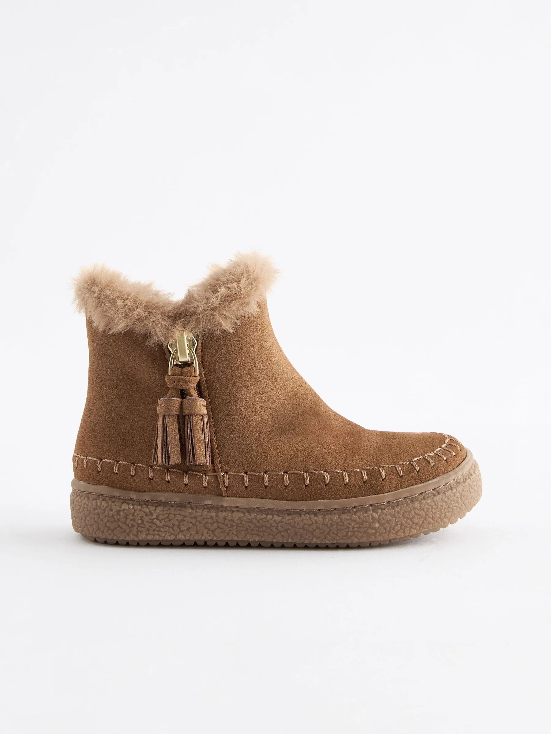 Tan Brown Faux Fur Lined Tassel Ankle Boots