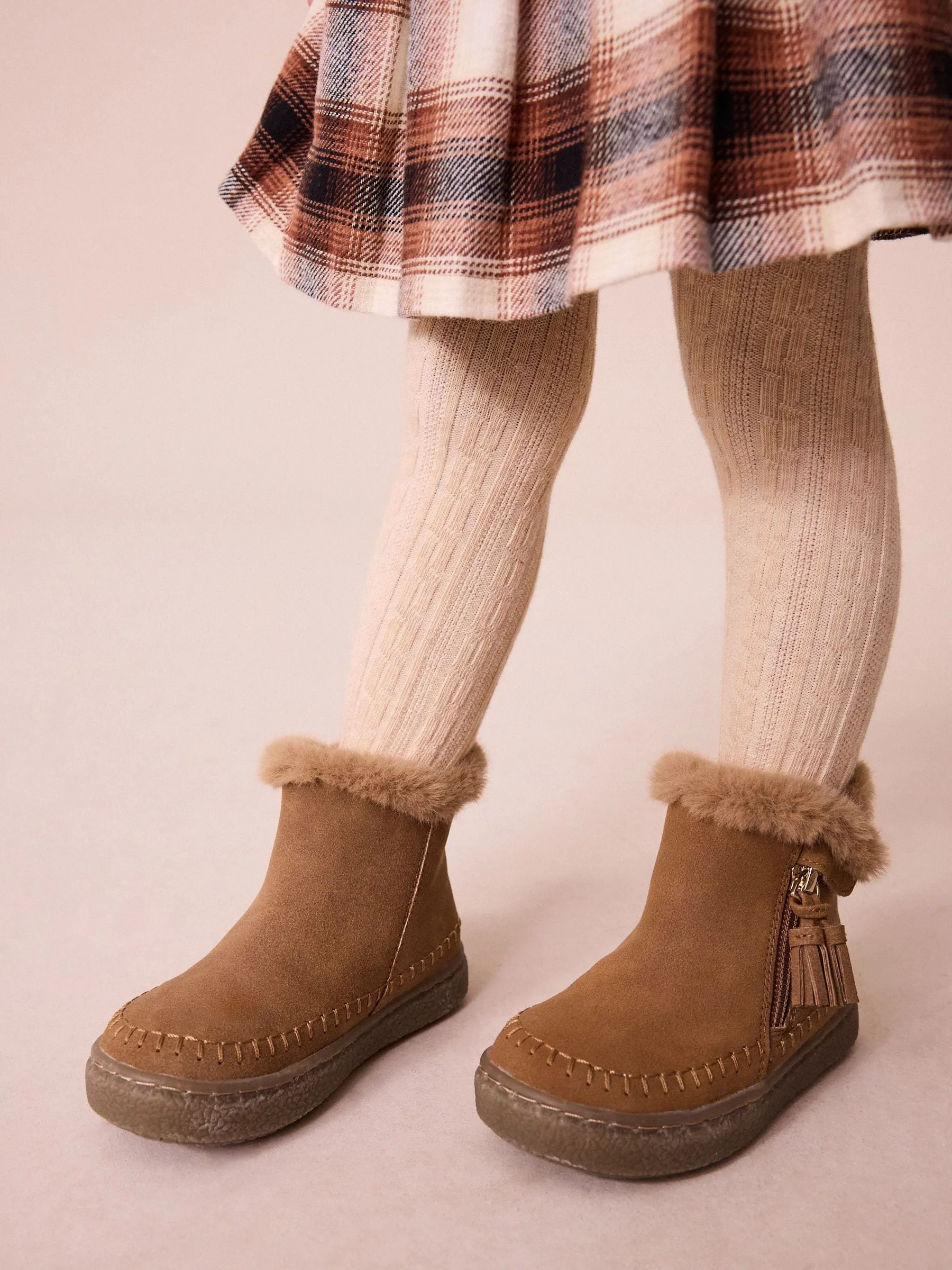 Tan Brown Faux Fur Lined Tassel Ankle Boots