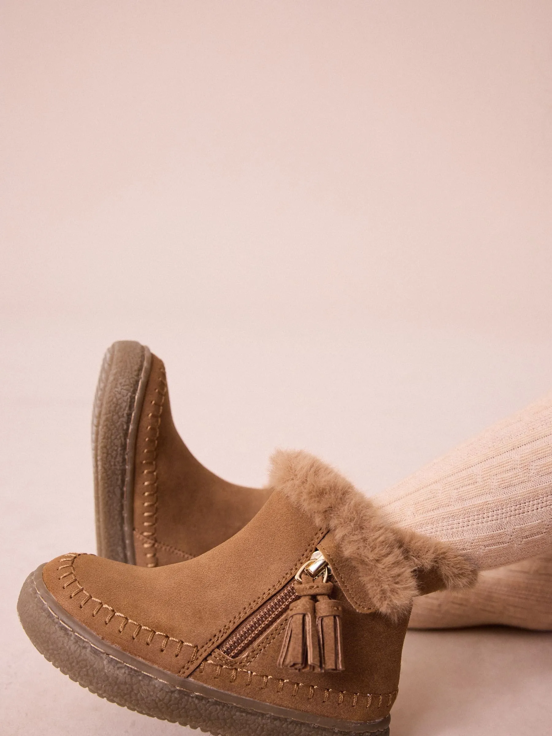 Tan Brown Faux Fur Lined Tassel Ankle Boots