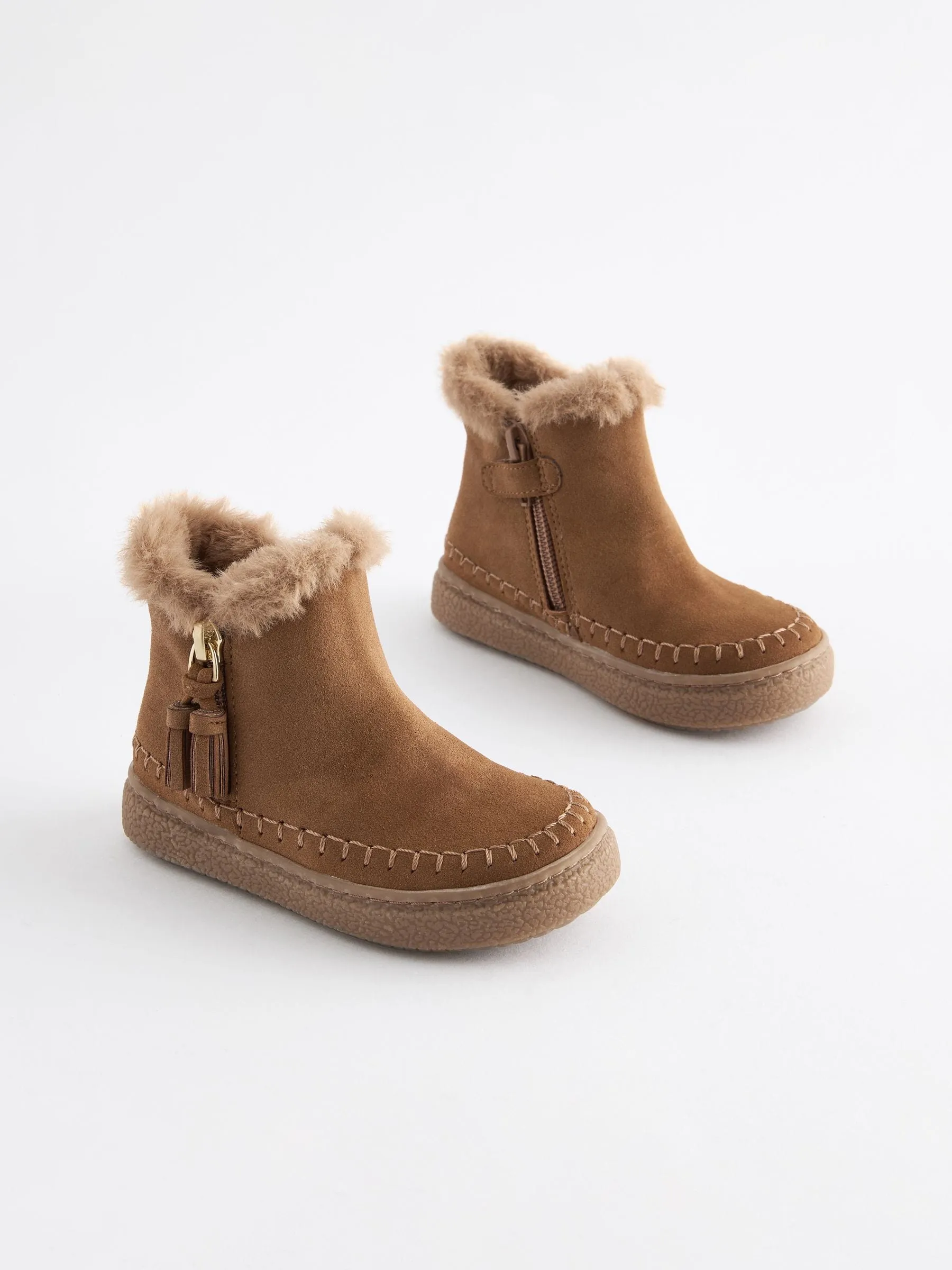 Tan Brown Faux Fur Lined Tassel Ankle Boots