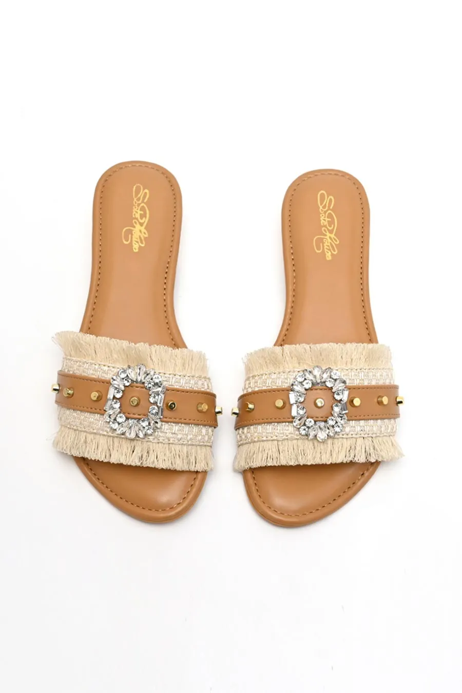 Tan Crystal Brooch Fringe Flats