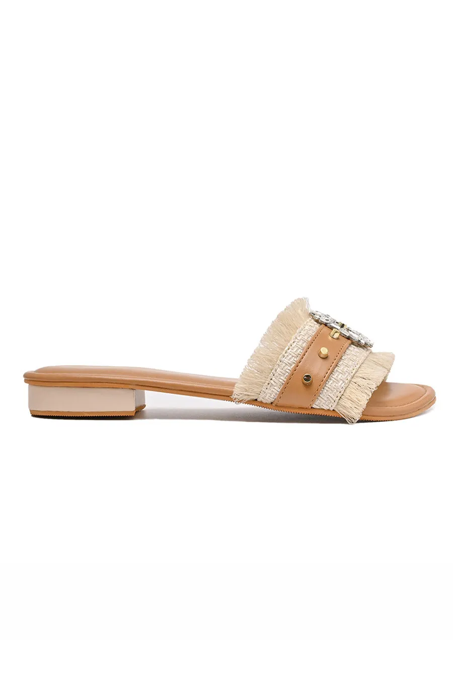 Tan Crystal Brooch Fringe Flats