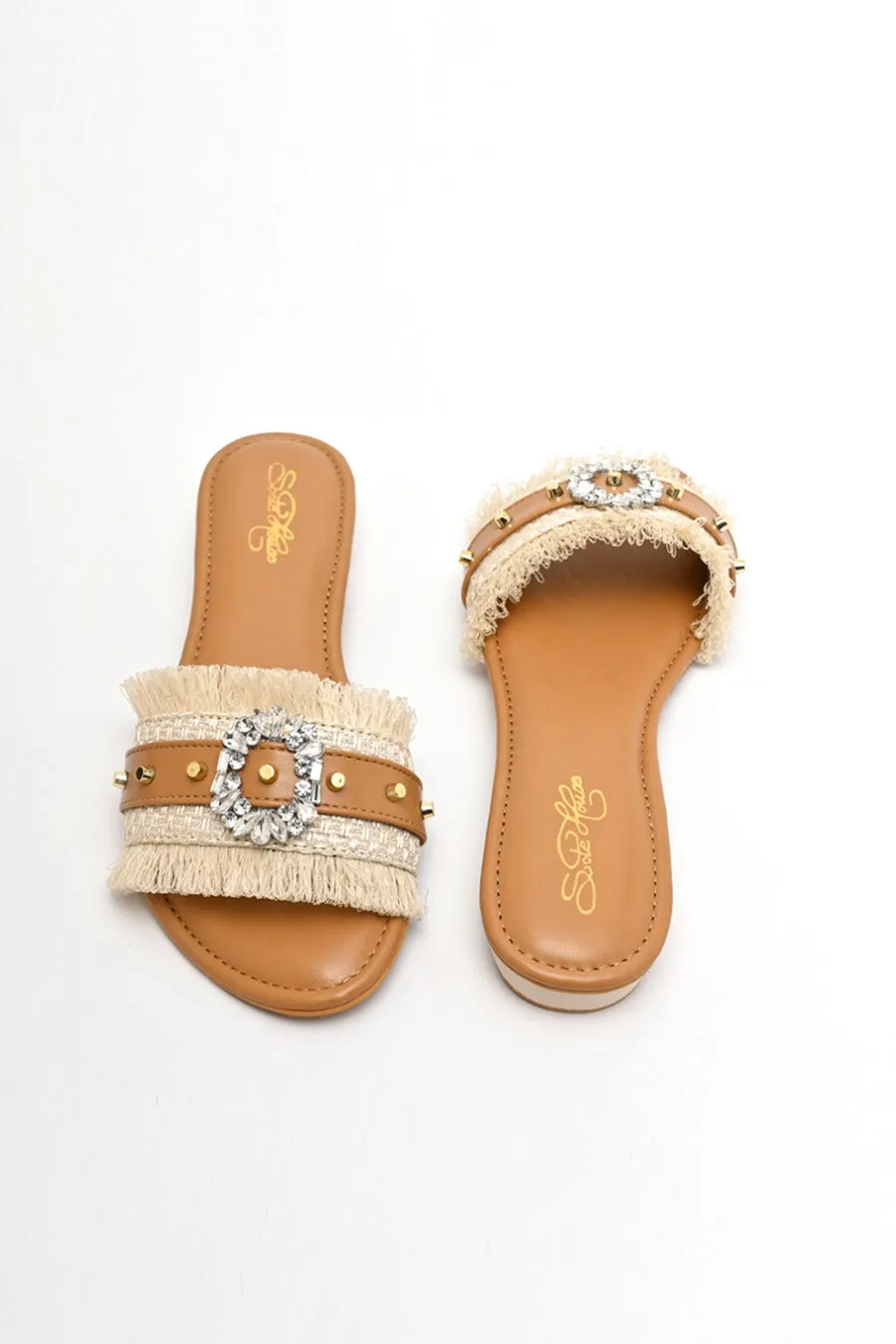 Tan Crystal Brooch Fringe Flats