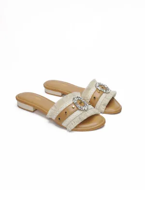 Tan Crystal Brooch Fringe Flats