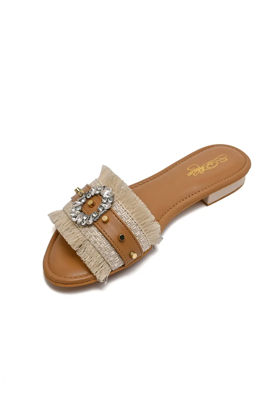 Tan Crystal Brooch Fringe Flats
