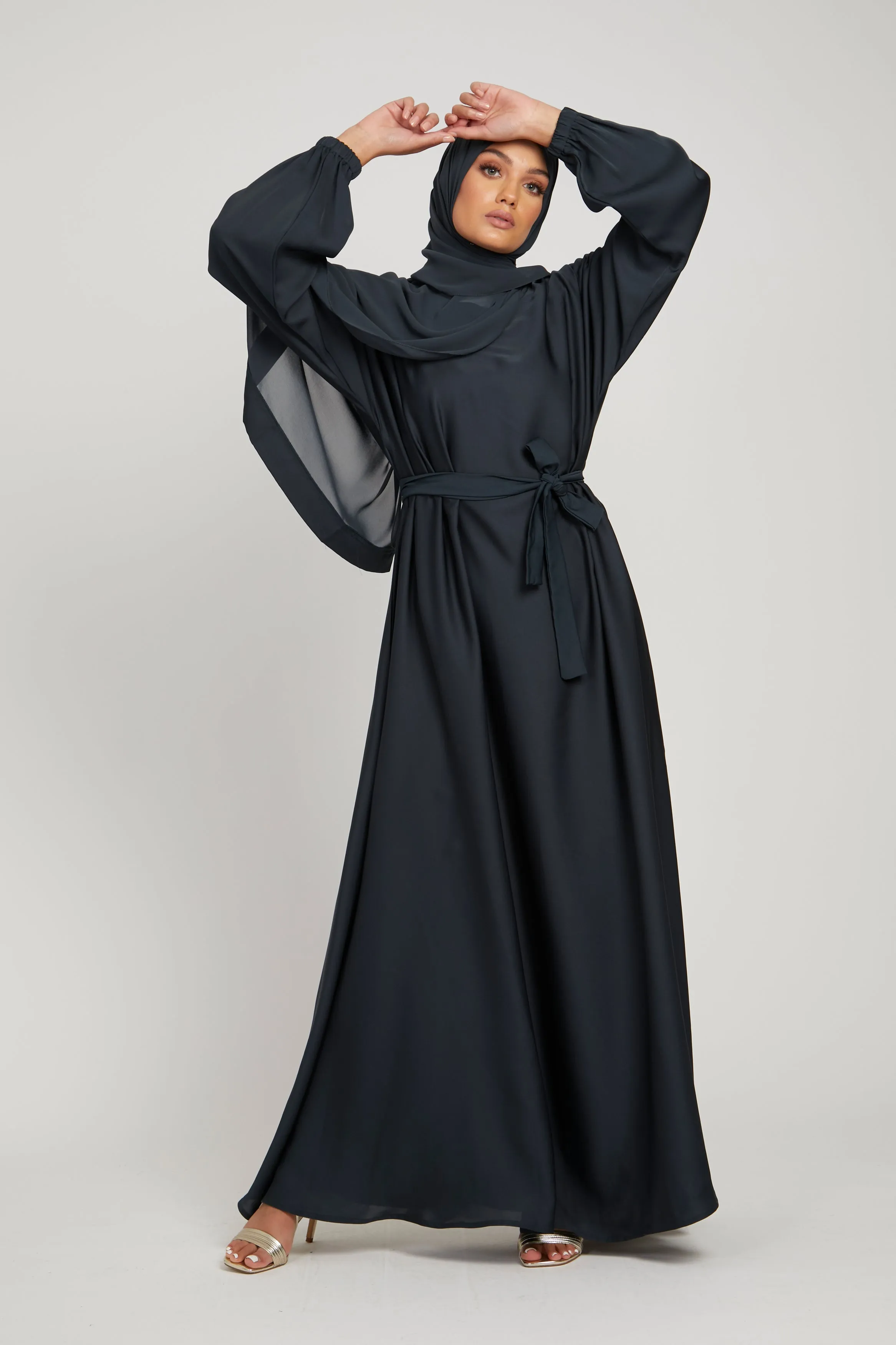 Umbrella Cut Closed Abaya with Elasticated Cuffs - Deep Pacific