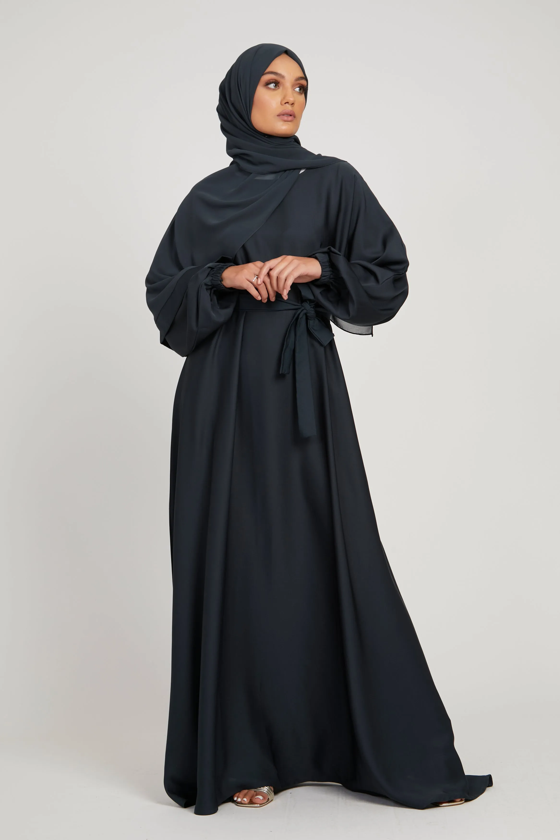 Umbrella Cut Closed Abaya with Elasticated Cuffs - Deep Pacific