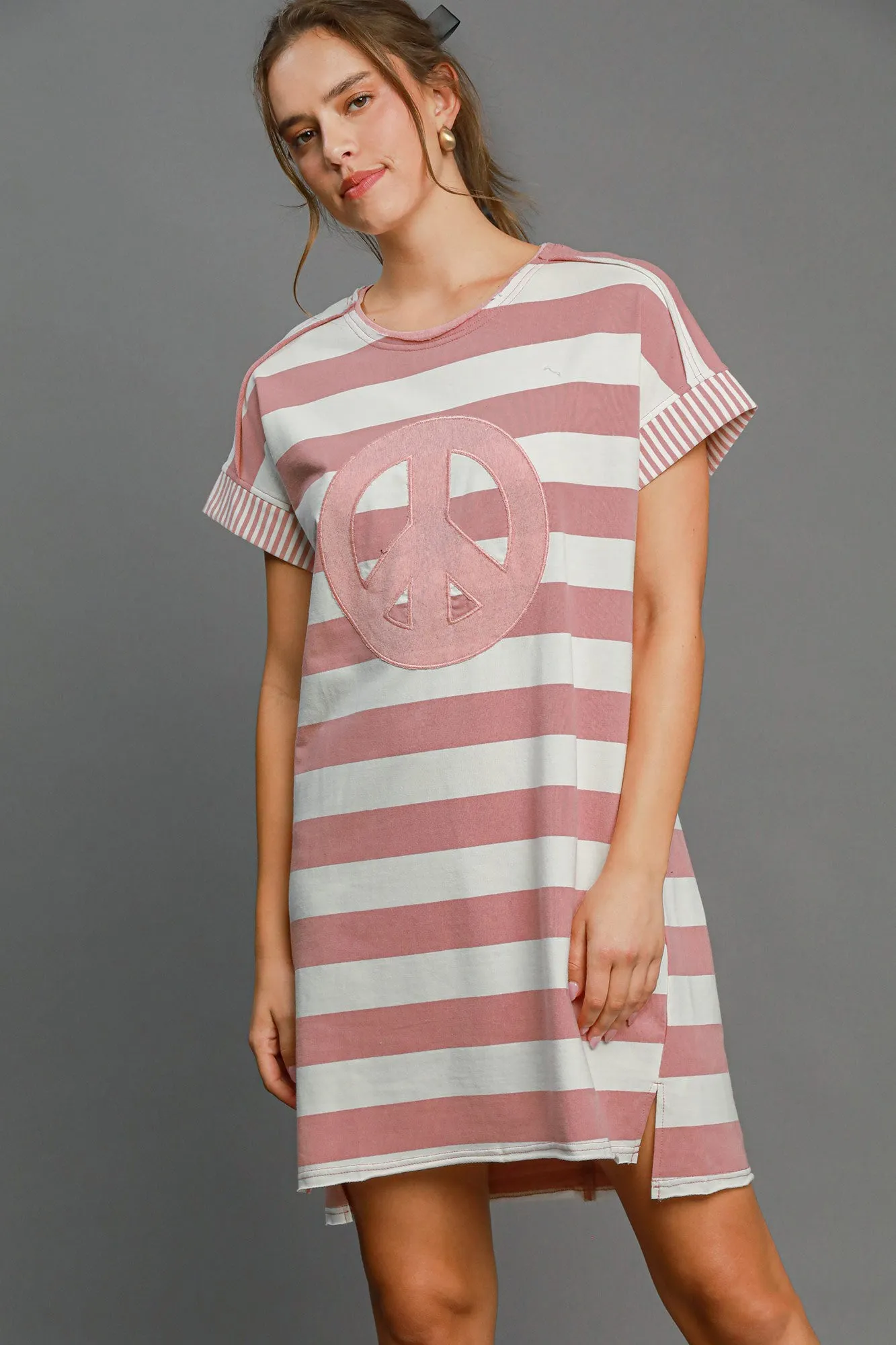 Umgee Peace Applique Striped Short Sleeve Mini Dress in Pink | URBAN ECHO SHOP