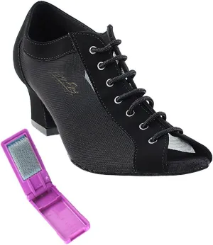 Very Fine Dance Shoes - Ladies Latin, Rhythm, Salsa, Waltz Ballroom Dance Shoes - 1643-2-inch Heel and Foldable Brush Bundle - Black Nubuck - Black Mesh - 6.5