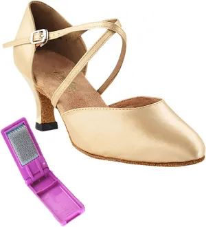 Very Fine Dance Shoes - Ladies Latin, Rhythm, Salsa, Waltz, Wedding Dance Shoes - 9691-2.5-inch Heel and Foldable Brush Bundle - Light Brown Satin - 7