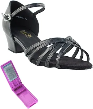 Very Fine Dance Shoes - Ladies Practice, Cuban Low Heel Ballroom Dance Shoes - 802-1.5-inch Heel and Foldable Brush Bundle - Black Leather - 8