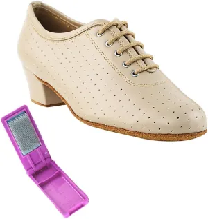 Very Fine Dance Shoes - Ladies Practice, Cuban Low Heel, Waltz Ballroom Dance Shoes - 2001-1.5-inch Heel and Foldable Brush Bundle - Tan Perforated Leather - 9