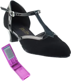 Very Fine Dance Shoes - Ladies Practice, Cuban Low Heel, Waltz Ballroom Dance Shoes - 9627-1.3-inch Heel and Foldable Brush Bundle - Black Nubuck - Black Trim - 7.5