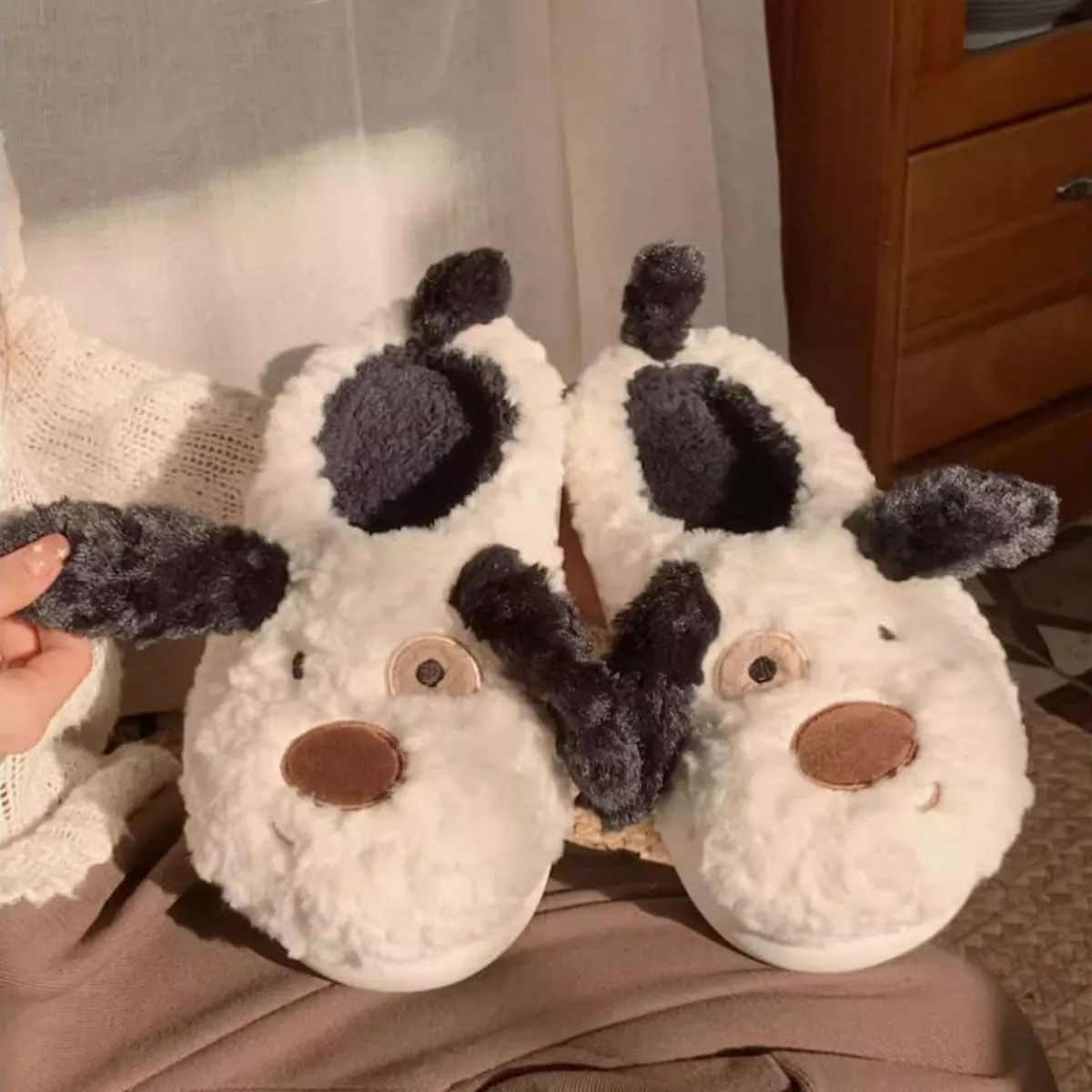 Warm and Cute Long Ear Dog Slippers Plush Puppy Animal Slippers for Women and Men Winter Slippers