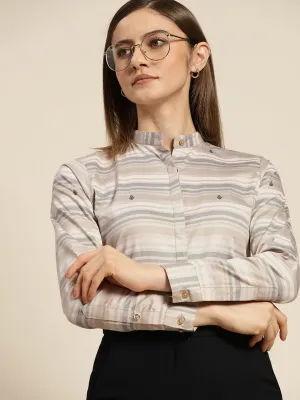 Women Beige & Grey Printed Pure Cotton Slim Fit Formal Shirt