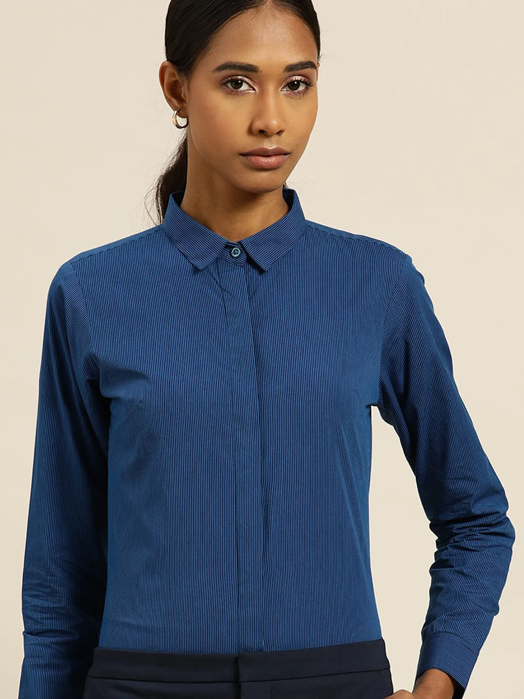 Women Blue & Navy Pin Striped Cotton Slim Fit Formal Shirt