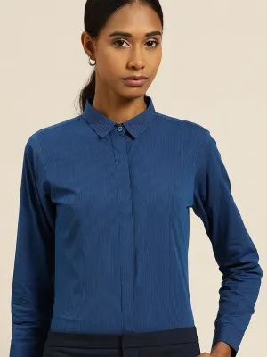 Women Blue & Navy Pin Striped Cotton Slim Fit Formal Shirt