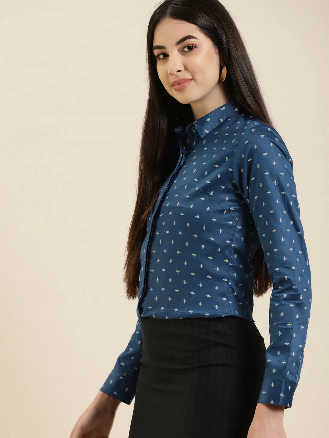 Women Blue Printed Cotton Slim Fit Formal Shirt