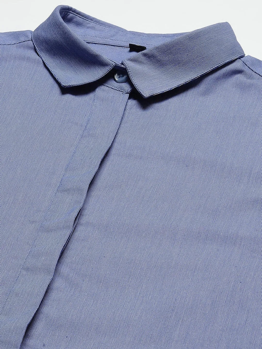 Women Blue Solid Chambray Self Design Cotton Slim Fit Formal Shirt