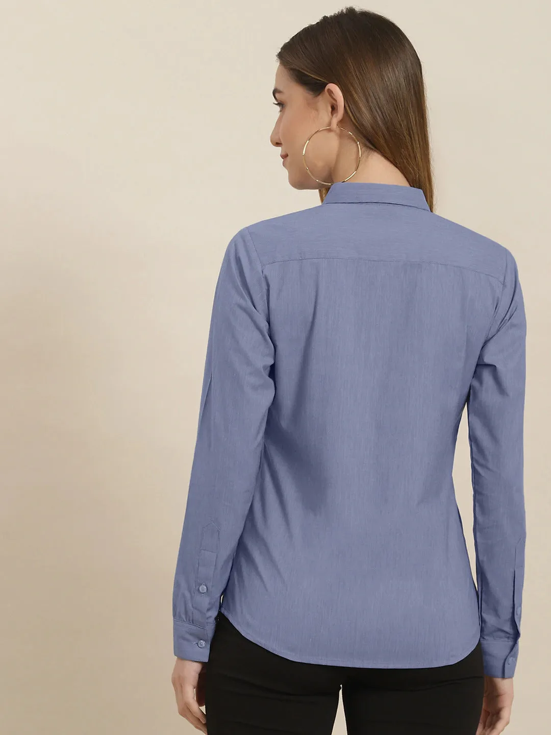 Women Blue Solid Chambray Self Design Cotton Slim Fit Formal Shirt
