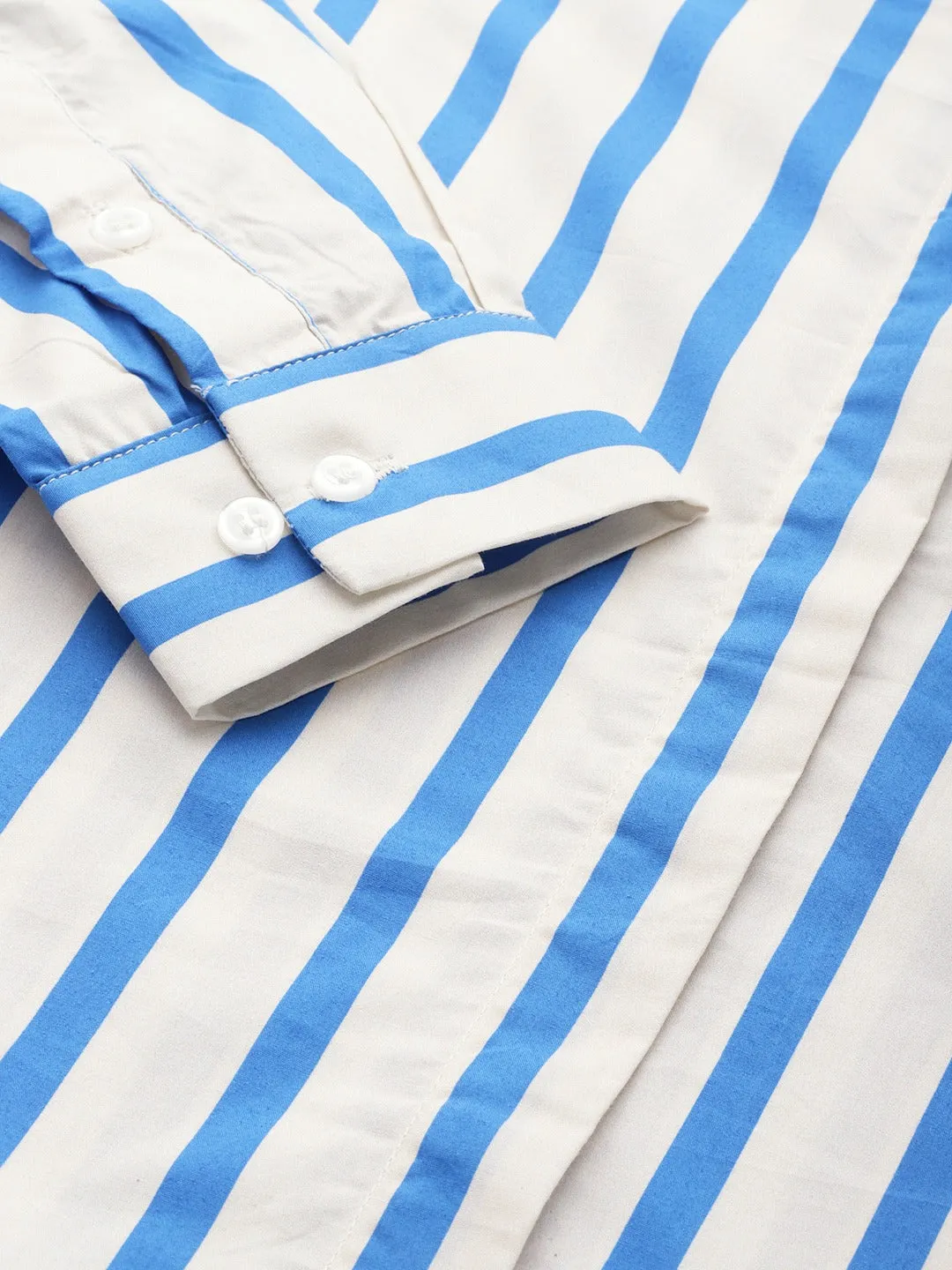 Women Cream & Blue Stripes Pure Cotton Slim Fit Formal Shirt