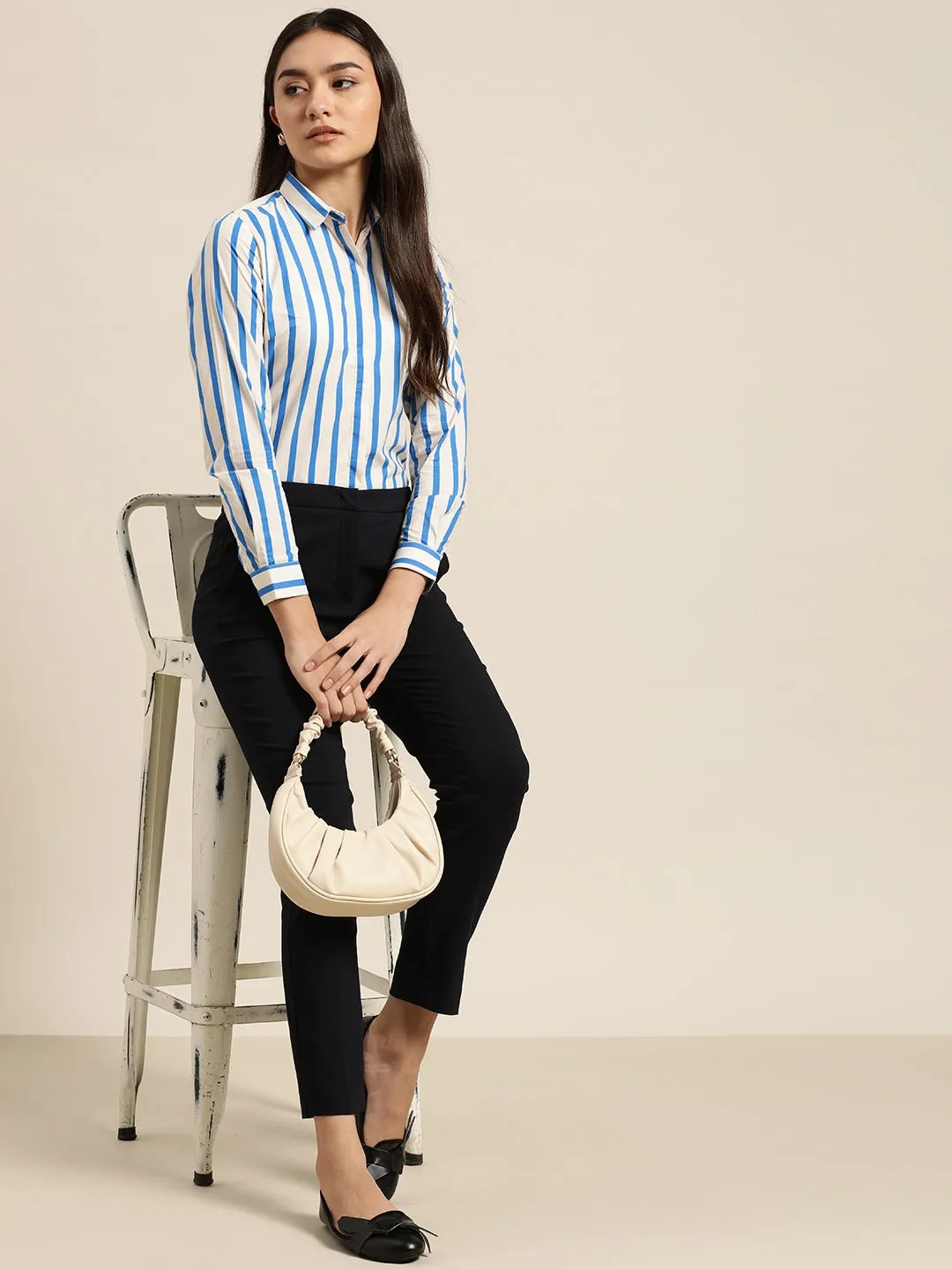 Women Cream & Blue Stripes Pure Cotton Slim Fit Formal Shirt