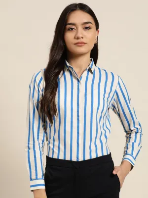 Women Cream & Blue Stripes Pure Cotton Slim Fit Formal Shirt