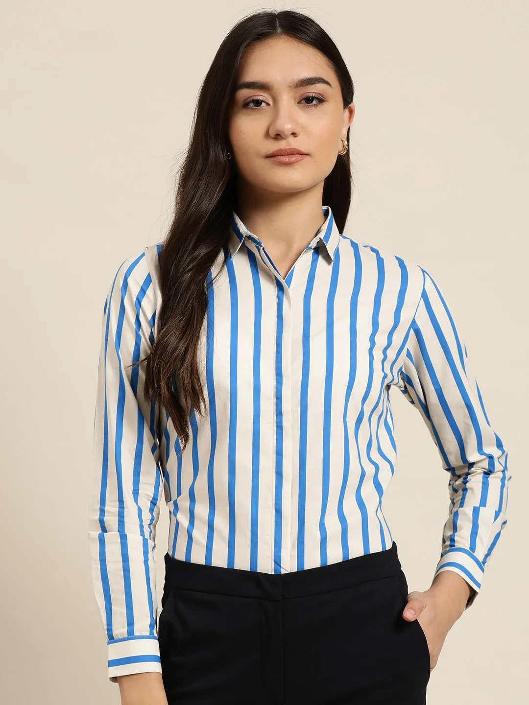 Women Cream & Blue Stripes Pure Cotton Slim Fit Formal Shirt
