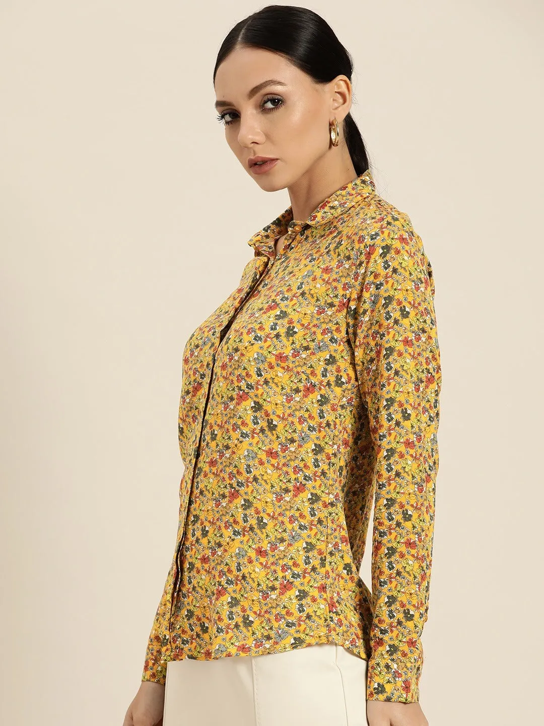 Women Mustard Prints Viscose Rayon Slim Fit Formal Shirt