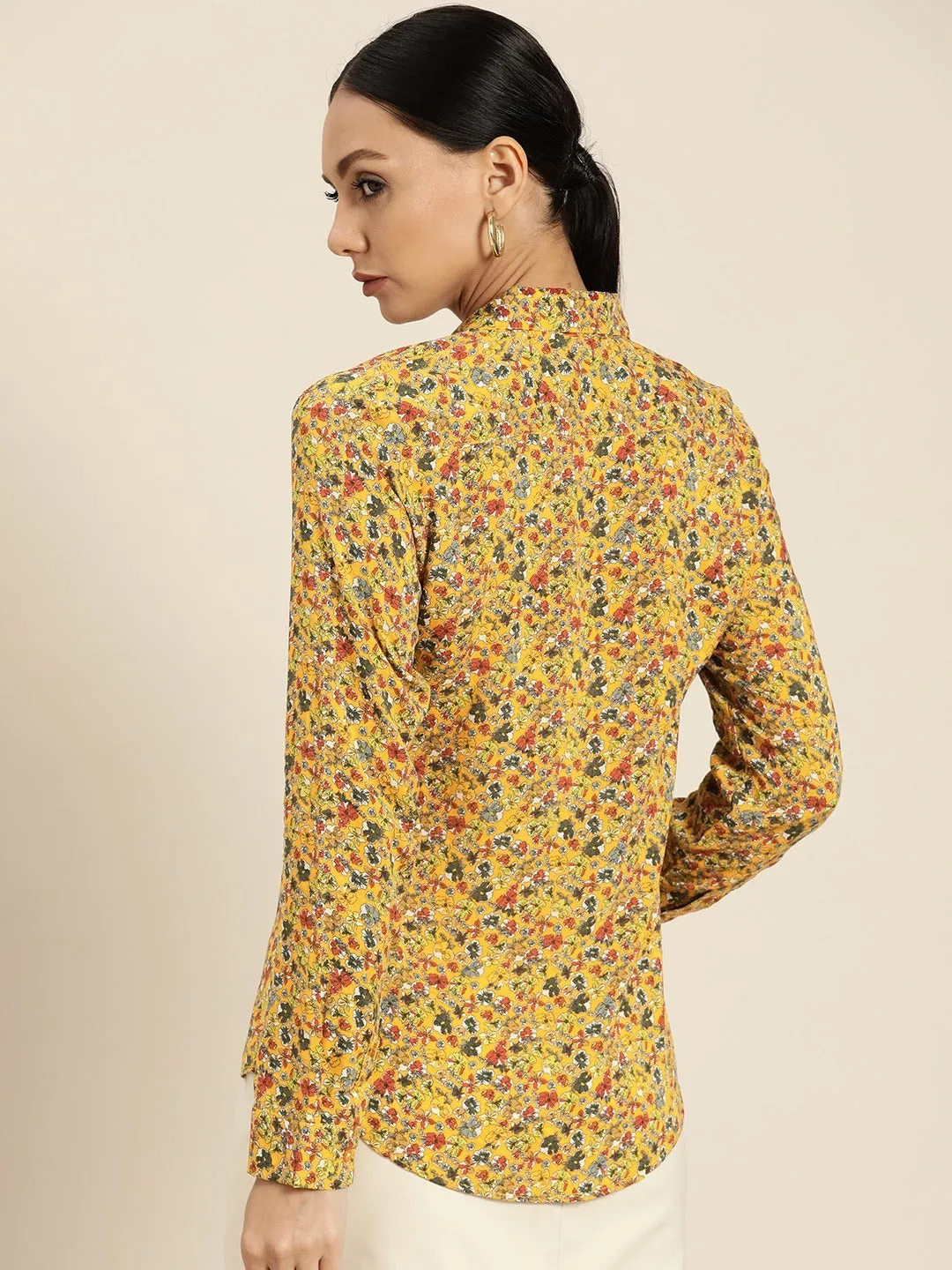 Women Mustard Prints Viscose Rayon Slim Fit Formal Shirt