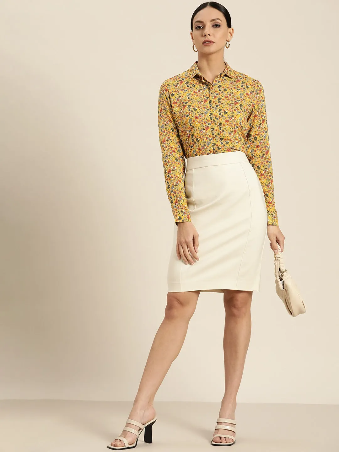 Women Mustard Prints Viscose Rayon Slim Fit Formal Shirt