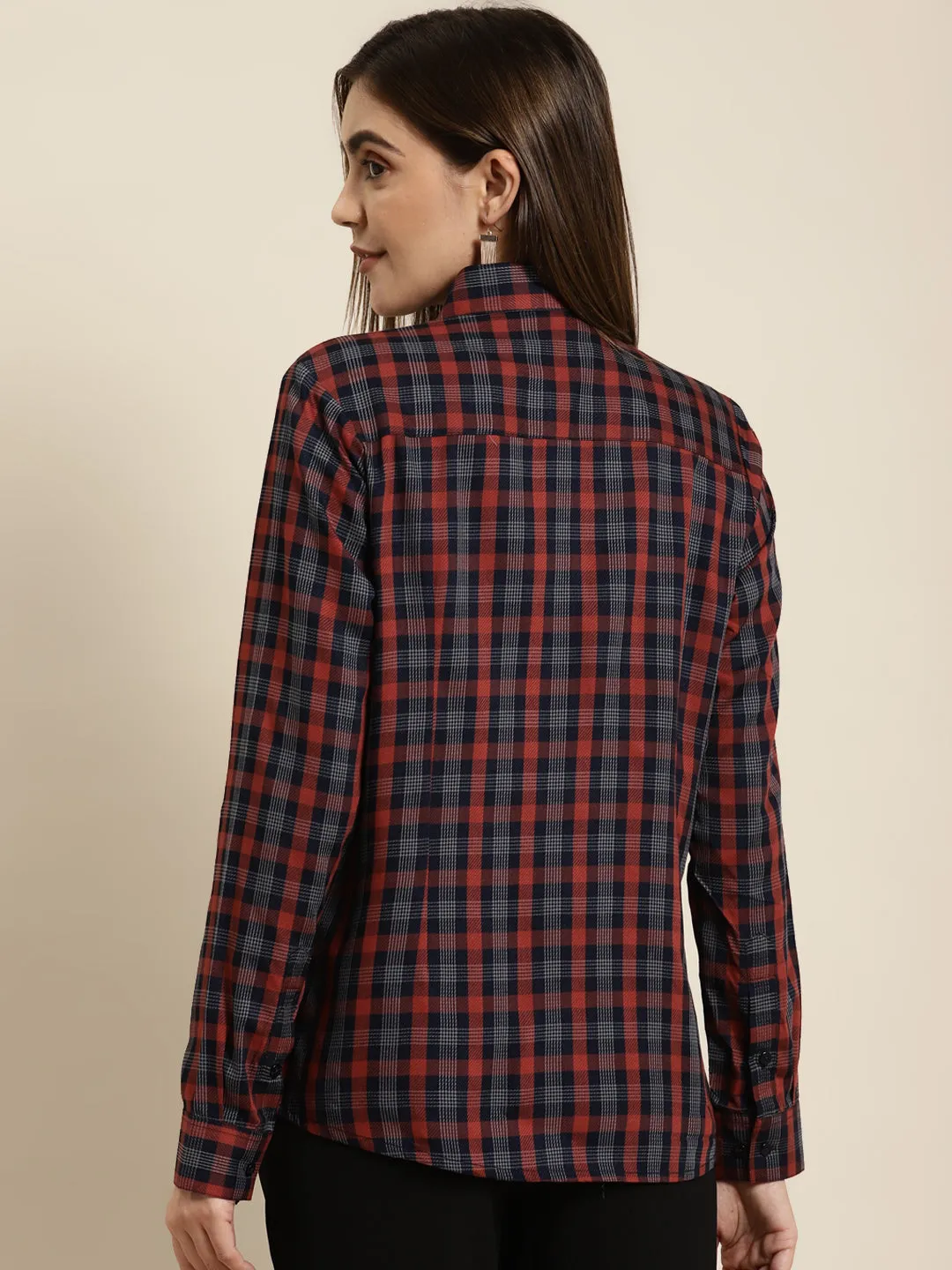 Women Navy & Red Checked Pure Cotton Regular Fit Formal Shirt