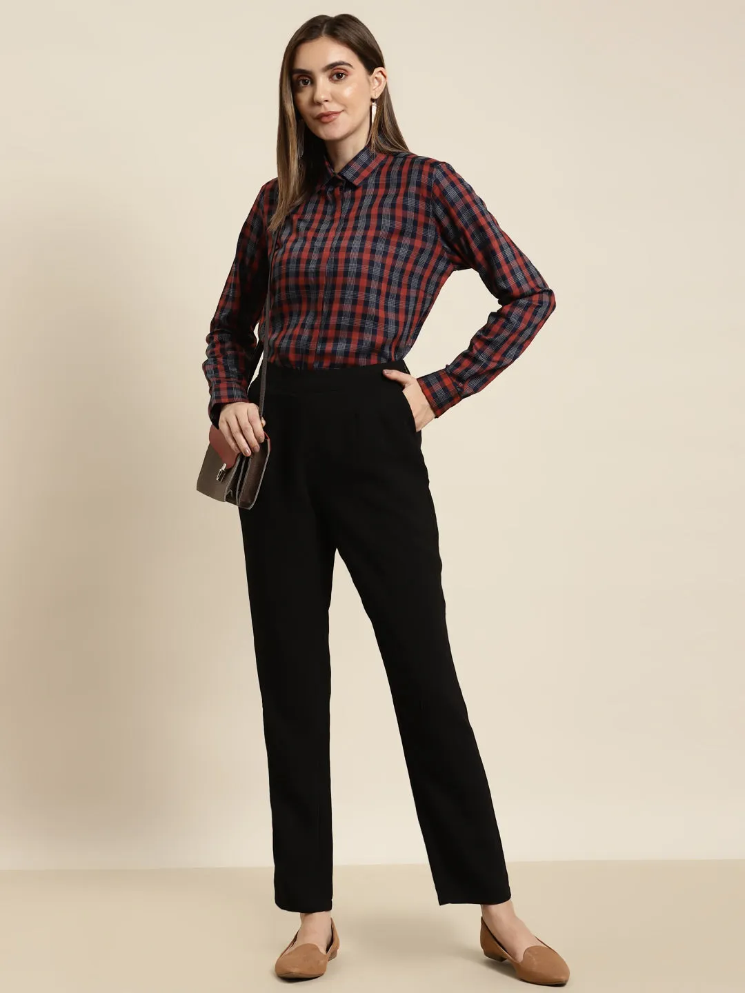 Women Navy & Red Checked Pure Cotton Regular Fit Formal Shirt