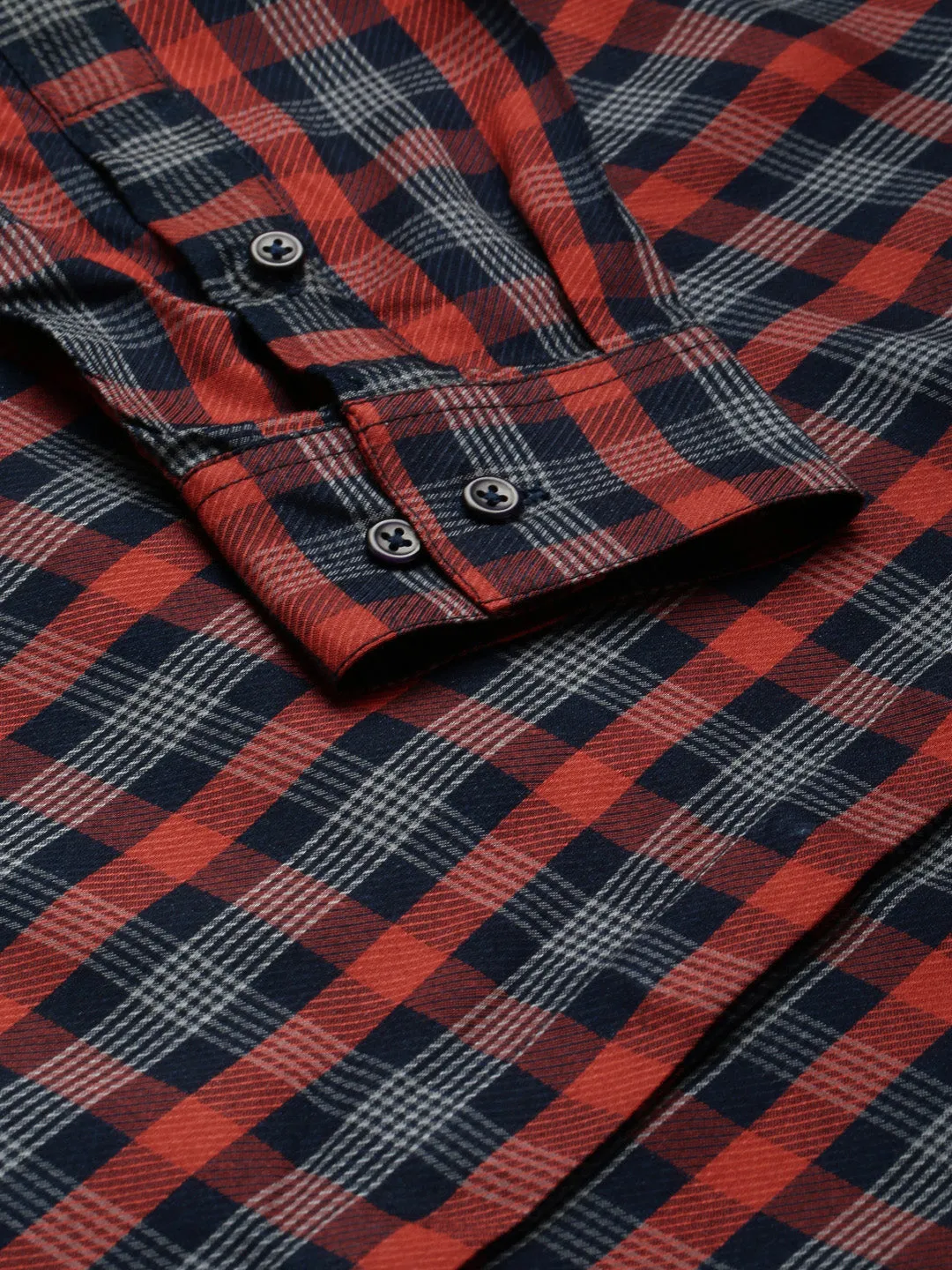 Women Navy & Red Checked Pure Cotton Regular Fit Formal Shirt